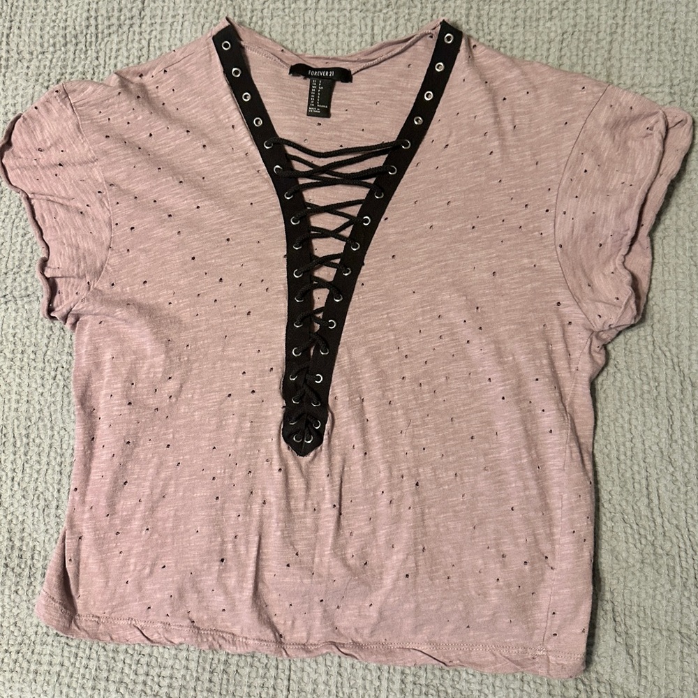 Forever 21 Light Purple Distressed Crop Shirt Lace Up Size Small
